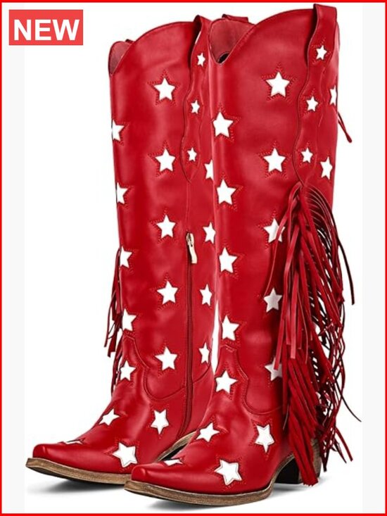 Shoes - Vintage Cowboy Boots with Fringe Over Knee Wide Calf Snip Toe Block Heel Side